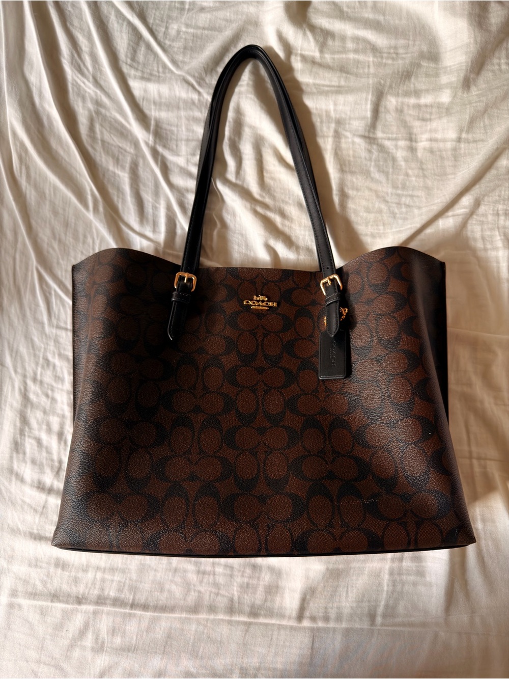 Coach Brown Logo-Print Tote with Black Handles